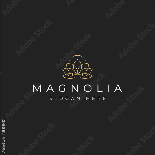 magnolia flower gold flower with elegant outline line art logo design style