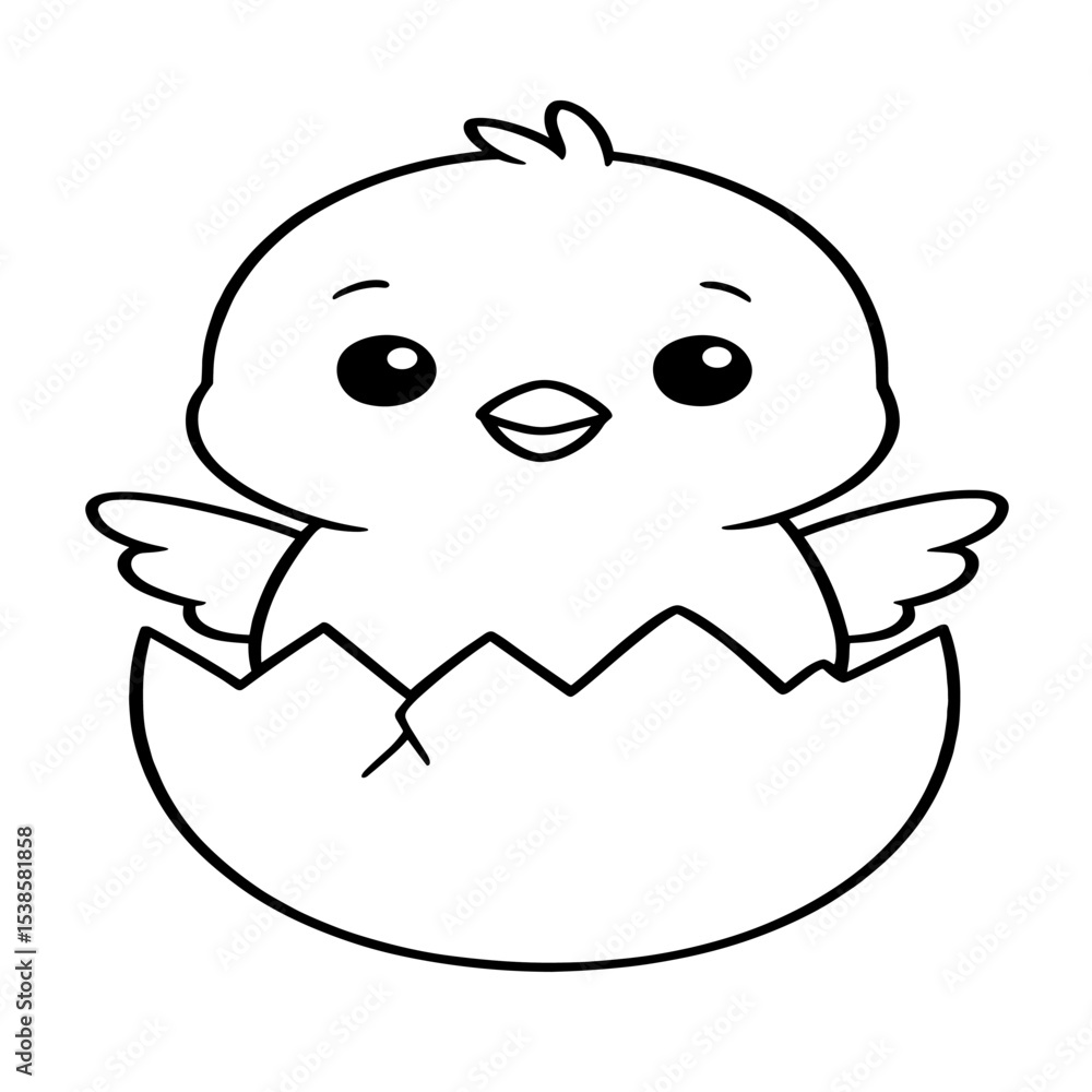 A cute baby chick emerges from its eggshell, drawn in a simple black-and-white outline, easy for kids to color. A cute baby chick emerges from its eggshell, drawn in a simple black-and-white outline, easy for kids to color.