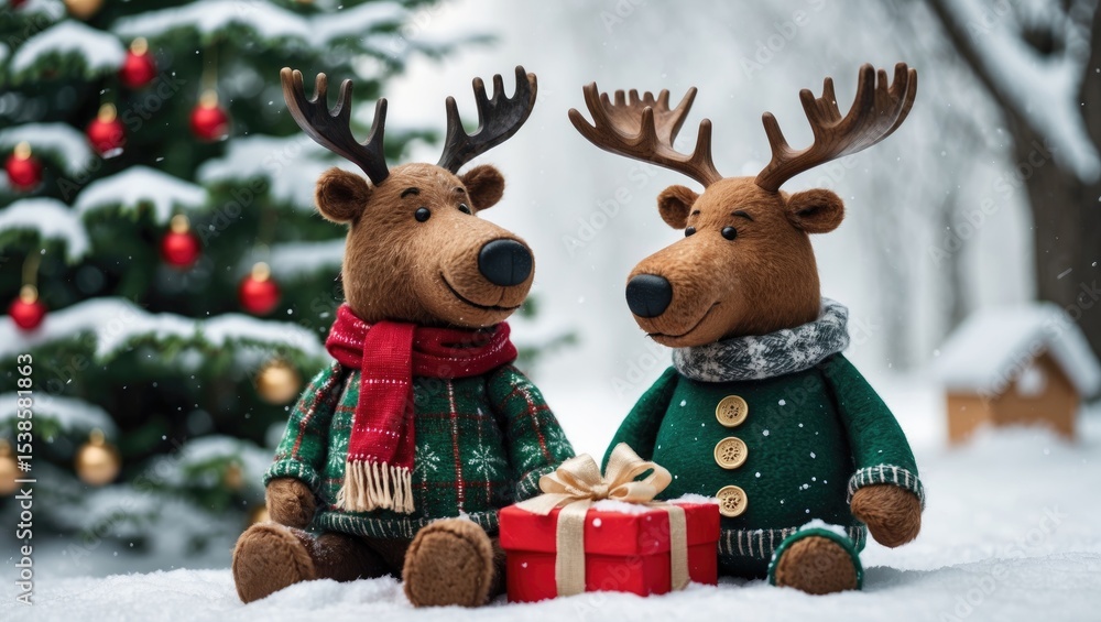 Festive holiday decorations featuring bear and moose figurines Festive holiday decorations featuring bear and moose figurines