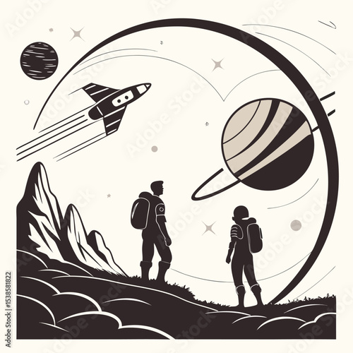 Two astronauts watching a spaceship flying by a planet with rings in a stylized space landscape