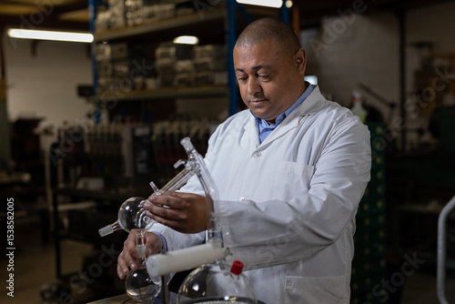 Male technician in white lab coat handling glass distillation apparatus at workstation