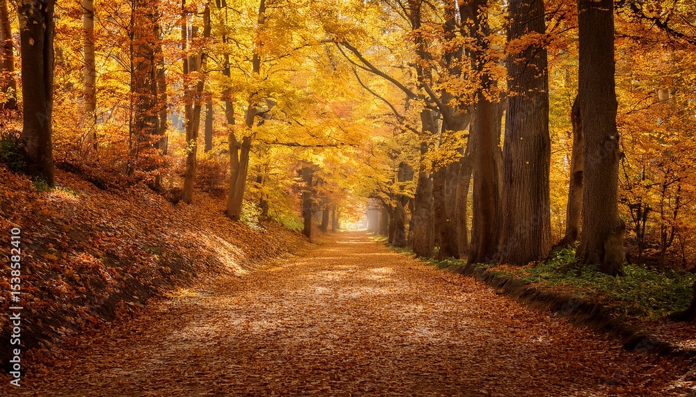 Obraz premium autumn forest path lined with golden trees as leaves gently cascade to the ground in slow motion rich warm colors create peaceful nostalgic atmosphere perfect for seasonal transitions