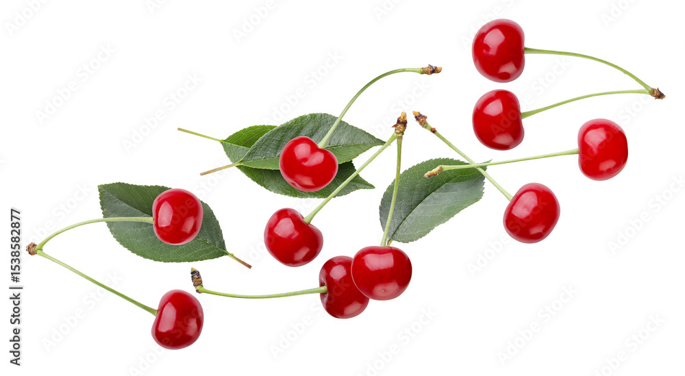 Red cherries and leaves flying close-up on a white. Isolated Red cherries and leaves flying close-up on a white. Isolated