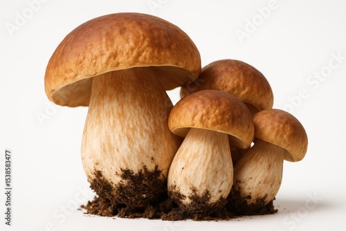 Ground-level view of fresh ceps mushrooms against a white backdrop