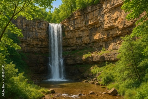 A tiny waterfall cascading down a rugged rocky wall