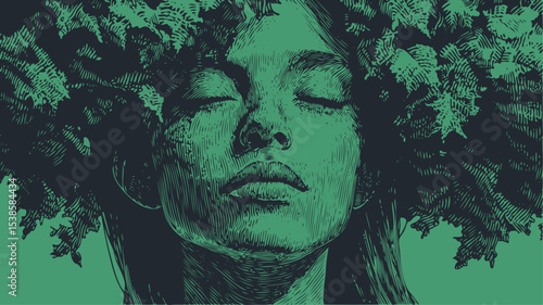 Serene woman with eyes closed, her hair a lush crown of leaves. Nature spirit, mother earth. Detailed linocut, engraving style vector art. Green duotone.