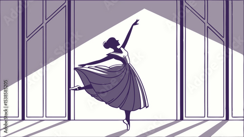 Silhouette of a ballerina in elegant pose with a flowing dress in front of a window backdrop
