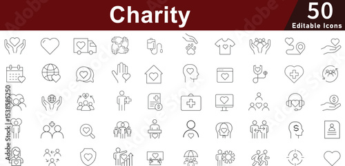 Charity Nonprofit Icon Set - 50 Editable Donation Community Icons for Fundraising, Volunteer Work and Social Impact Vector Collection