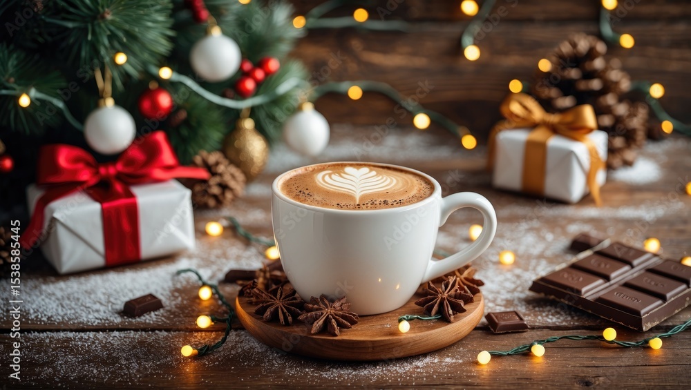 Festive holiday coffee illuminated on a rustic wooden surface Festive holiday coffee illuminated on a rustic wooden surface
