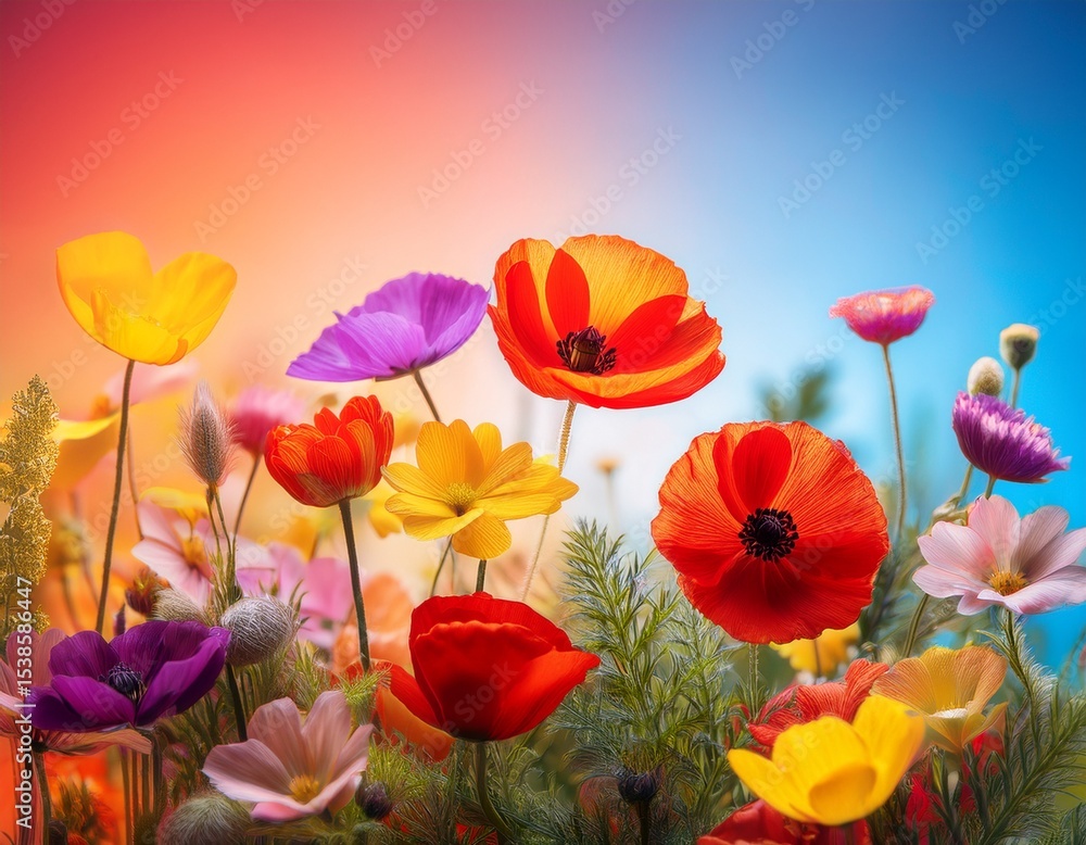 Obraz premium close up view of mixed vibrant spring blooms including poppies against a gradient backdrop