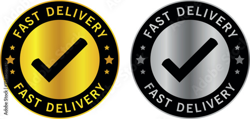 gold and silver fast delivery badges with checkmark symbol and circular design for shipping assurance	