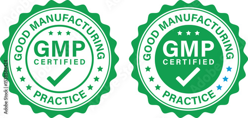 green GMP certified badges with checkmark and good manufacturing practice text in round seal design	