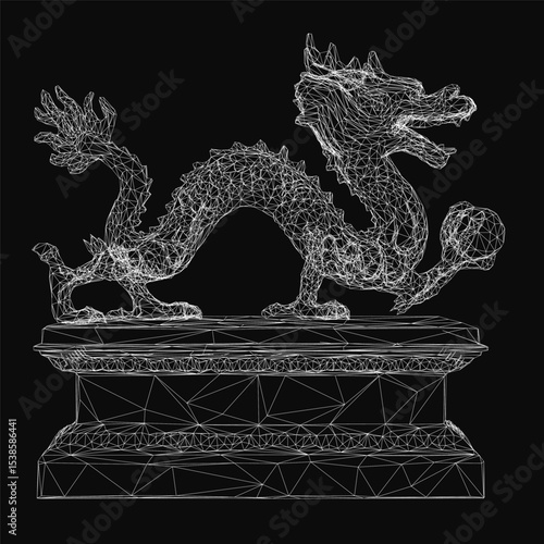 A fierce Chinese dragon wireframe with intricate scales, sharp claws, and a long tail stands out against a black background. Its wide, alert eyes and slightly open mouth enhance its powerful.
