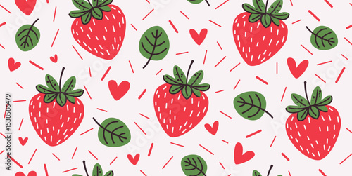 Vector cute seamless strawberry pattern in cartoon style. Trendy summer background with hand-drawn strawberries, hearts and leaves. Modern abstract design for paper, cover, fabric. Cute trendy design