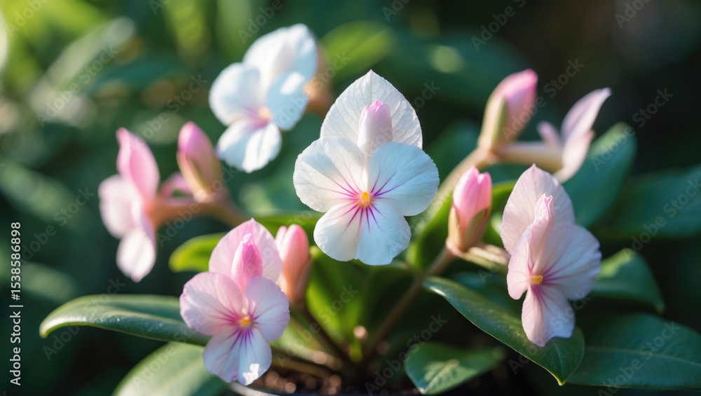 Obraz premium Icy Sunset: A stunning African violet cultivar featuring delicate white and pink blossoms