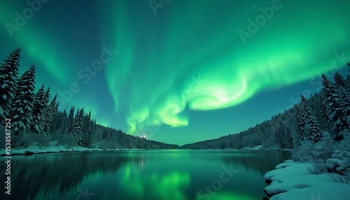 Wallpaper Mural Stunning aurora borealis over a lake in winter with snowy trees and night sky Torontodigital.ca