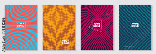 Minimal set of abstract line pattern covers design with optical illusions and geometric shapes. Trendy background for cover, poster, flyer, cards, catalog, brochure, social media, presentations, ads.