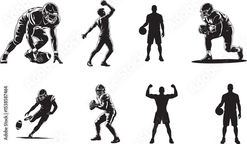 Quarterback Throwing Football Silhouette

American Football Player in Action Vector

Helmet and Ball Silhouette Design

Touchdown Celebration Silhouette Art

Classic Football Game Moment Vector