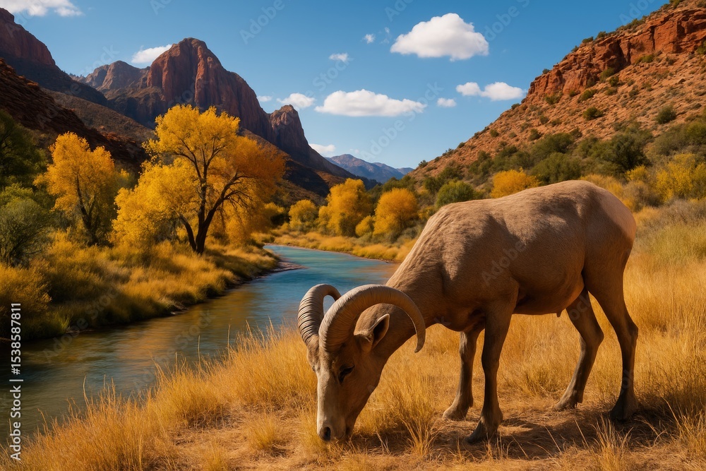 Fototapeta premium A rugged mountain goat exploring a scenic desert landscape
