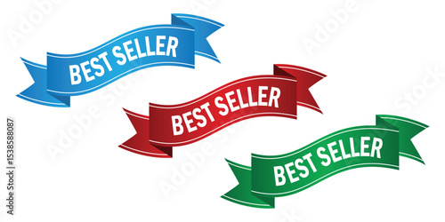 Three vibrant "best seller" ribbons in blue, red, and green, perfect for highlighting top-performing products and promoting popular items effectively