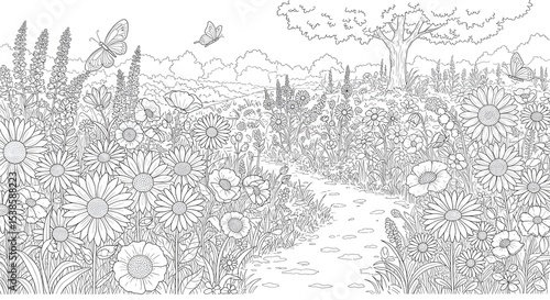 Wallpaper Mural Tranquil Daisy Field Landscape with Butterflies Coloring Page for Relaxation and Creative Expression Torontodigital.ca