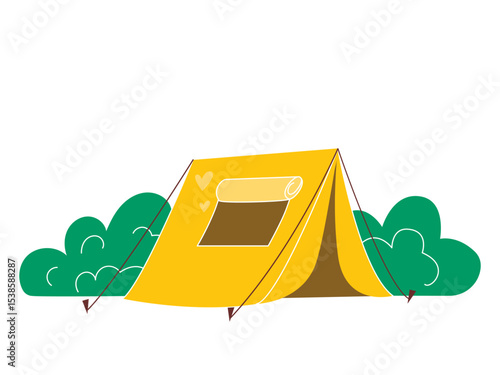 Yellow tourist tent in the bushes. Overnight stay in the forest for hiking. Mobile folding hut for mountain expeditions, vector graphics