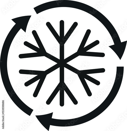 black snowflake icon with circular arrows used for cooling system, refrigeration or air conditioning	