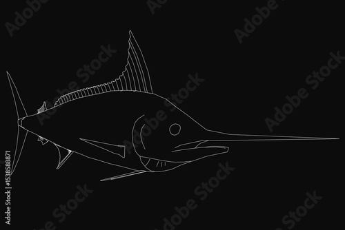 A majestic black and white sailfish with a long, slender body and pointed fins swims gracefully on a dark background. Intricate scales and wide, expressive eyes highlight its striking presence.