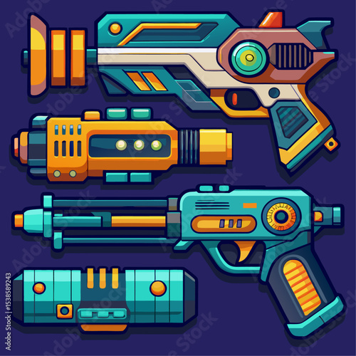 Collection of Futuristic Ray Guns and Blasters with Retro Style Design