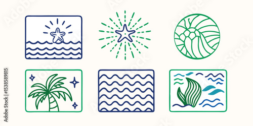 A collection of colorful summer vacation illustration set elements with outlined designs featuring starfish waves palm tree and seaweed