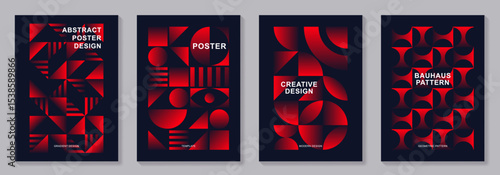 Set of geometric vector trendy red and black bauhaus pattern backgrounds set. Bright color creative posters with 20s geometric design for cover design, social media, catalog, interior, ads.