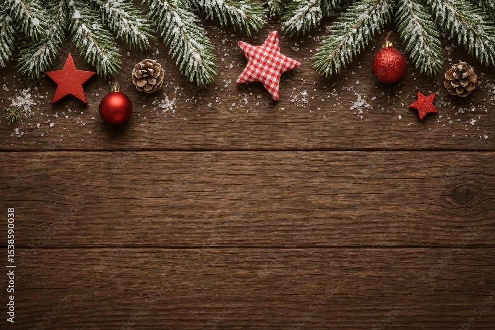 Fototapeta premium Festive wooden backdrop with snow-covered pine tree, holiday decorations, and blank area for customization