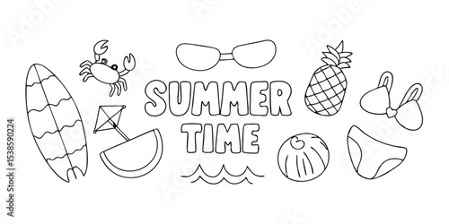A delightful summer time illustration featuring sunglasses, a pineapple, swimwear, surfboard, crab, watermelon, and beach ball on a transparent backdrop.