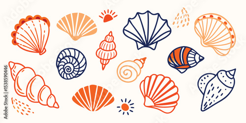A diverse collection of artistic shells and nautical elements in orange and blue on a white background summer vacation illustration set