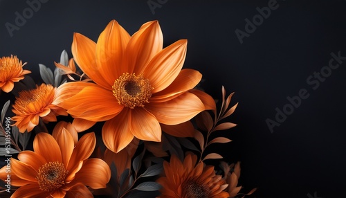 orange flowers with dark background highlighted petals artistic arrangement displayed