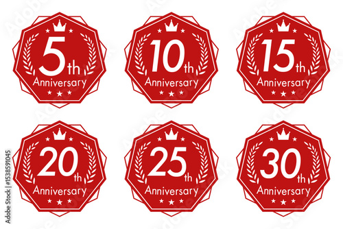 シンプルなフラットな赤のアニバーサリーロゴセット(5周年 10周年 15周年 20周年 25周年 30周年 お祝い 周年記念 イベント 設立記念 anniversary celebration logo ベクター 編集可能)