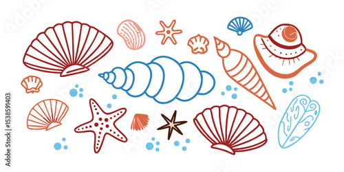 Artistic collection of hand-drawn summer vacation illustration set featuring various seashells starfish and bubbles on a clean white background