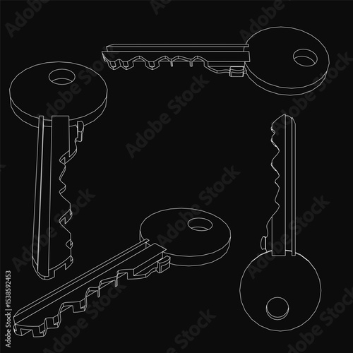 A set of black and white keys arranged symmetrically on a solid black background, featuring a large central key flanked by two smaller ones. The stark contrast highlights the intricate details of.