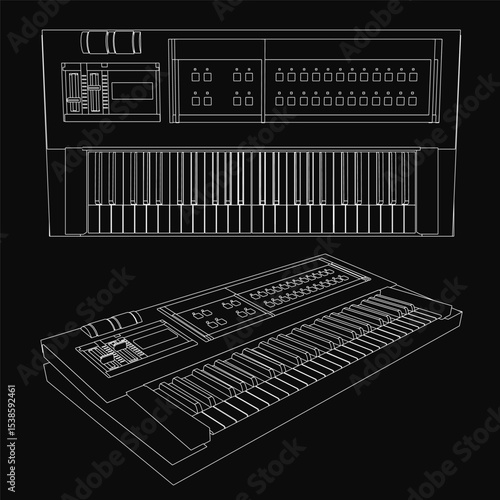 A detailed blueprint of a musical synthesizer on a black background, showcasing its intricate components and electronic circuitry. The technical drawing highlights knobs, keys, and wiring with.