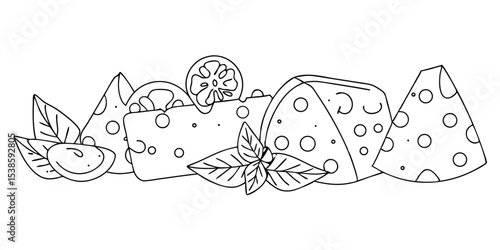 Delicious cheese wedges with basil and a lemon slice in a beautiful line art illustration suitable for summer vacation or culinary design projects