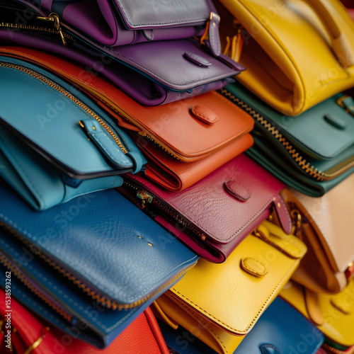 pile of trendy luxury coloured leather handbag