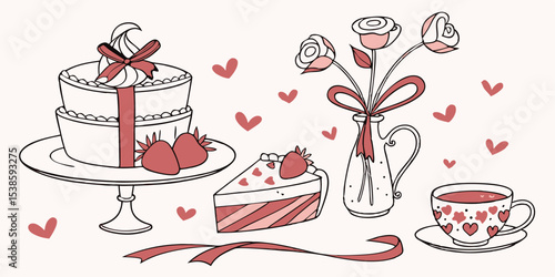 Delightful summer vacation illustration set featuring a romantic cake, roses, cup of tea, and transparent heart symbols