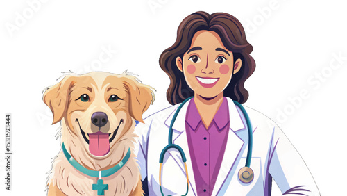 Veterinarian smiling while examining pet in bright animal clinic, showcasing care, trust, expertise, and compassion in a modern veterinary environment with happy animals