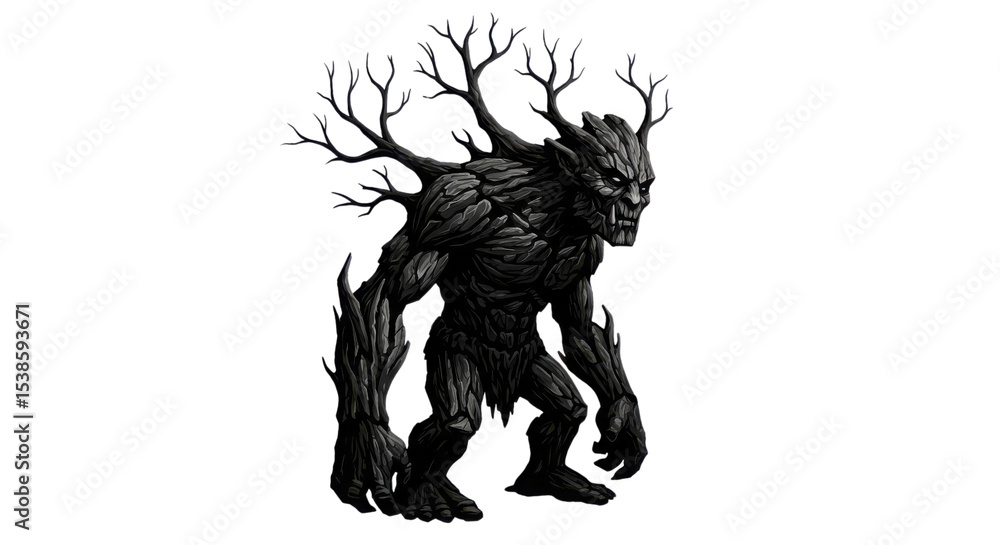 Fototapeta premium Dark tree monster silhouette with bare branches on white background