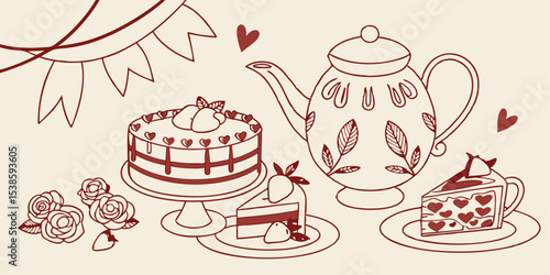 Elegant summer vacation illustration set featuring delightful cake designs and tea accessories perfect for various decorative projects