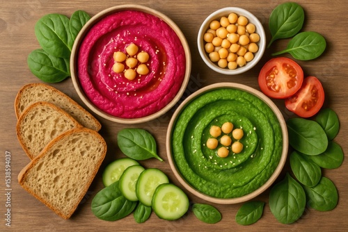 Wallpaper Mural Delicious vegan spreads: beetroot and spinach hummus, healthy organic recipes from scratch, plant-based vegetarian dishes, aerial perspective Torontodigital.ca