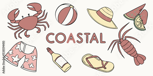 Illustrated summer vacation coastal themed set featuring crab beach ball sun hat watermelon lobster swim trunks wine bottle and flip flops