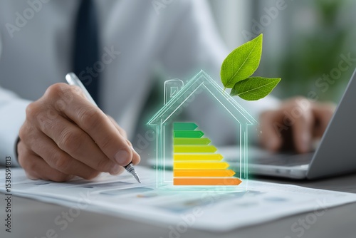 Businessman calculating energy efficiency of building with green leaves