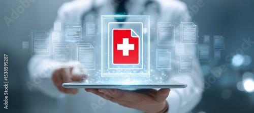 Doctor managing medical records on digital tablet with healthcare data icon