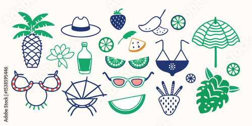 Vector illustration set featuring diverse summer icons and symbols representing sunny days and summer vacation suitable for various creative designs.